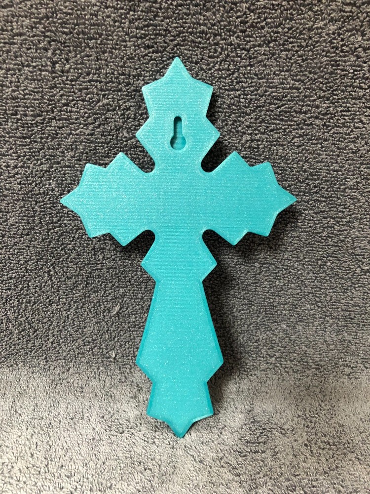 3d Printed Religious Cross Sparkle Turquoise (with mounting hardware)