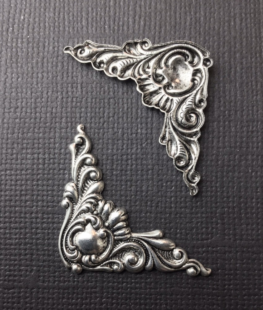 23514 4 Pc. Matte Silver Oxidized Victorian Corner Brass Finding