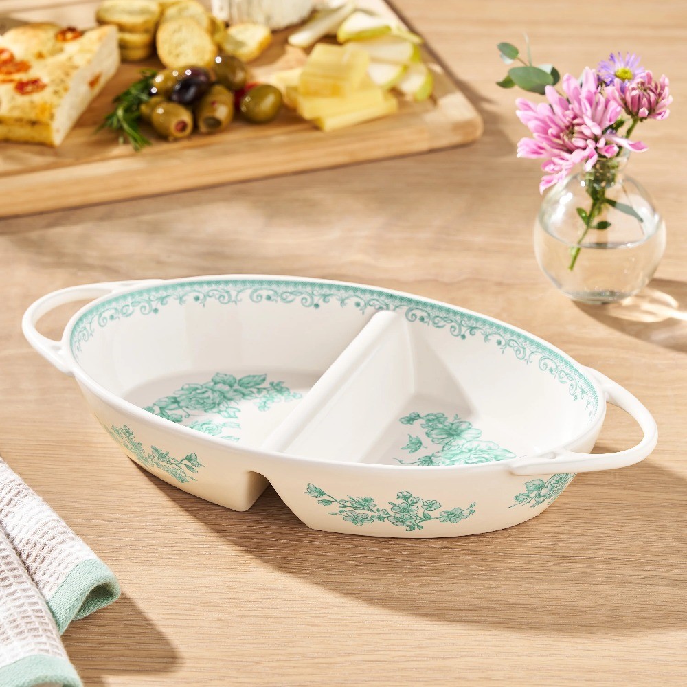 Agatha Stoneware Divided Server, Green