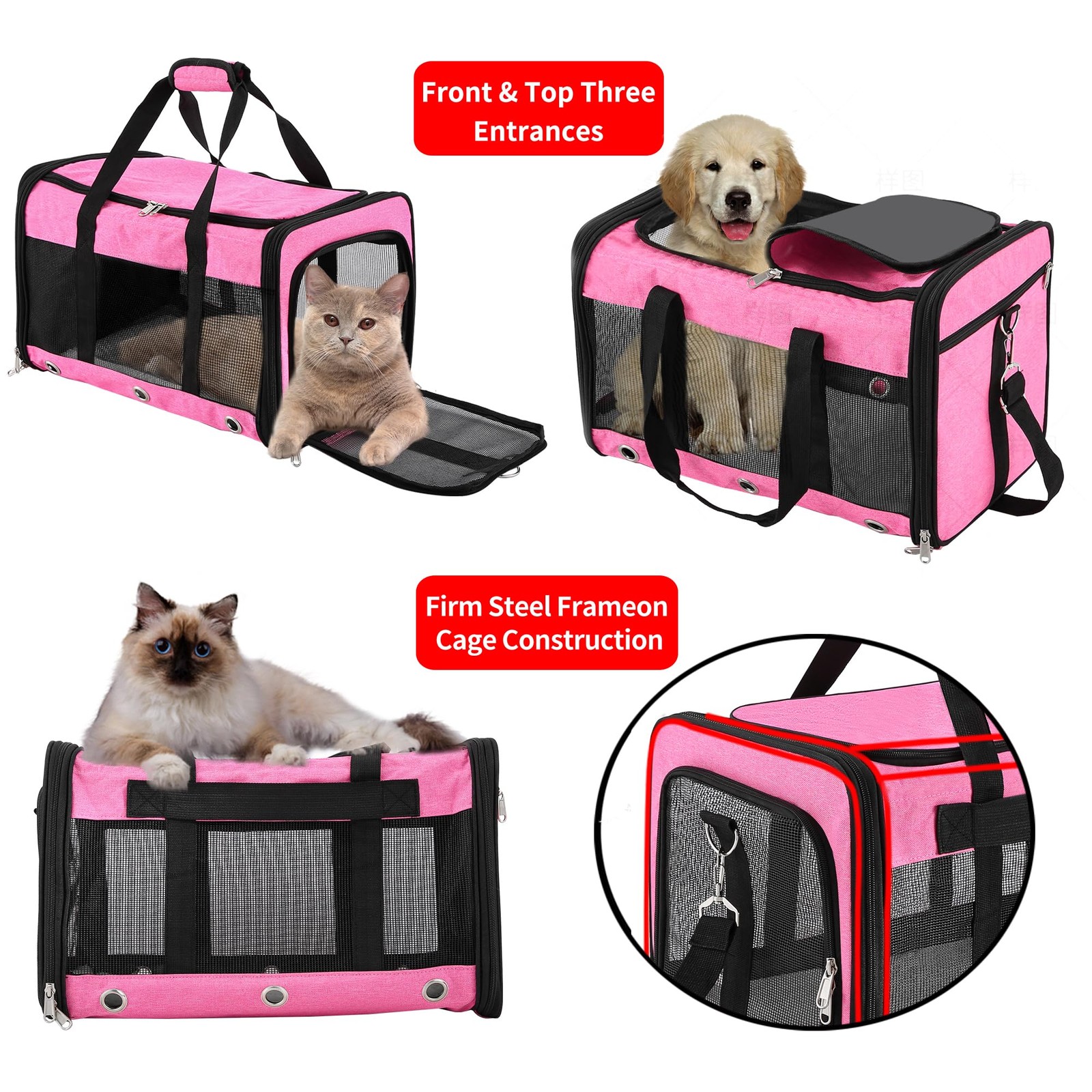 Soft Sided Cat/Dog Carrier, Collapsible, Airline Approved, Pink, for Pets up to