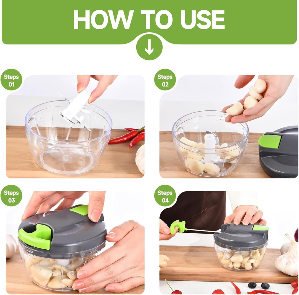 Manual Food Processor Vegetable Chopper, Portable Hand Pull String Garlic Mincer