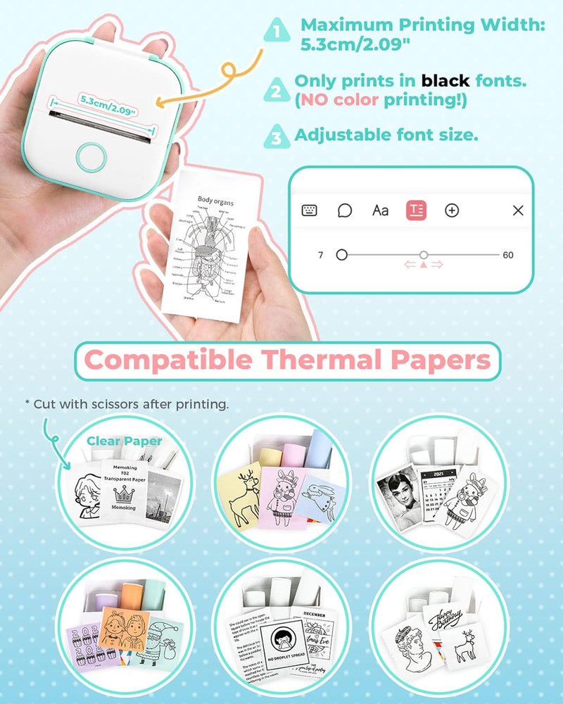 Sticker Printer - T02 Mini Portable Thermal Printer Inkless Sticker Maker Mac...