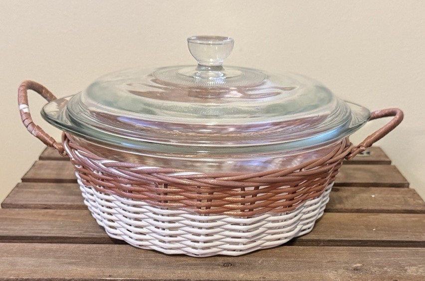 Vintage 1978 Glasbake Jeannette Wickerware 10 Pc Basket Set Ovenware Inserts EUC