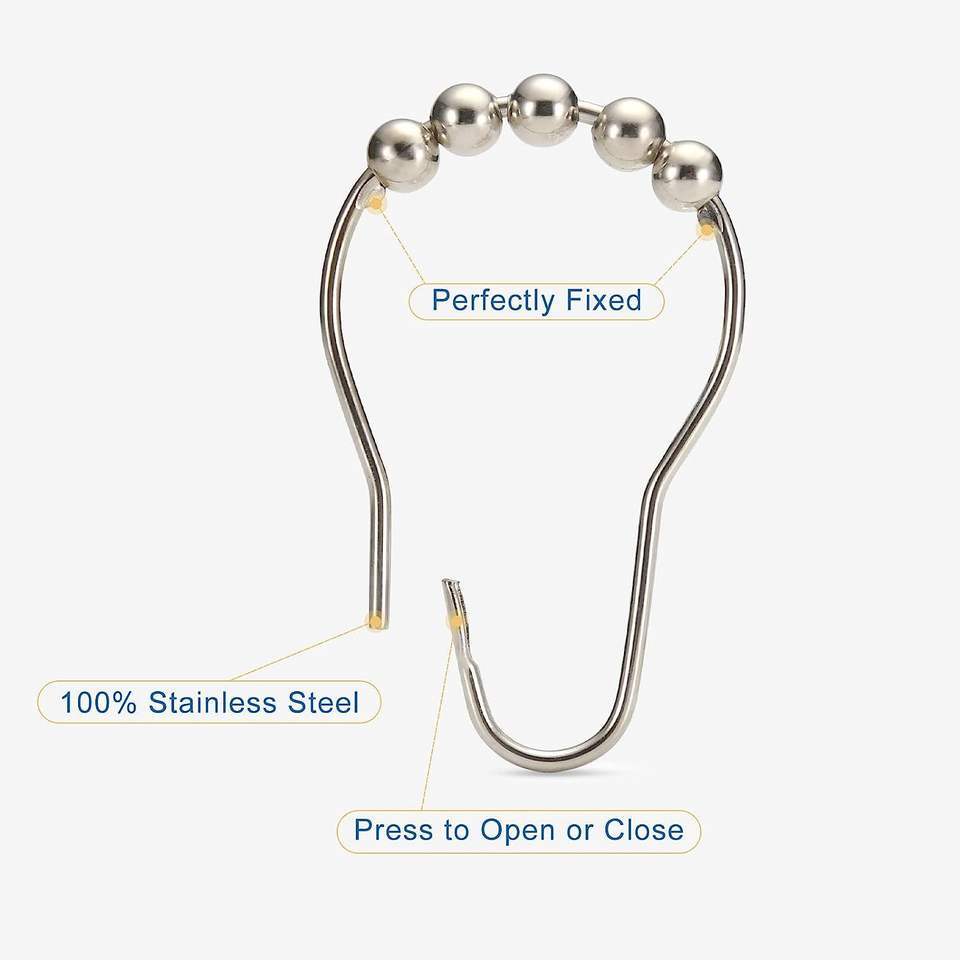 12-60pcs Rust Resistant Stainless Steel Rolling Shower Curtain Hooks/Rings/Hange