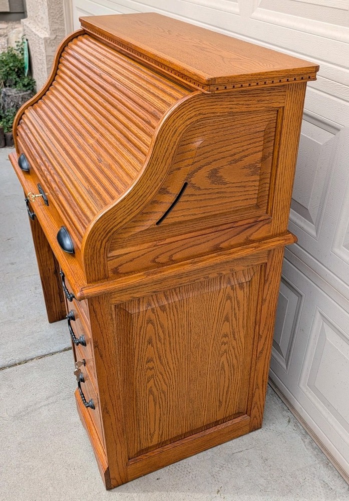Solid Oak Roll-Top Desk by Winners Only Inc. – Locking Secretary Desk
