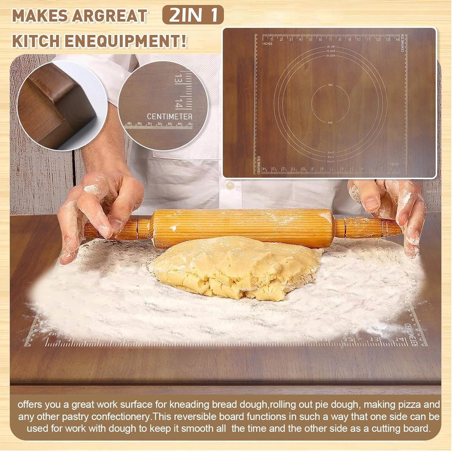 24"x20" Reversible Wooden Pastry & Cutting Board with Lip and Ruler