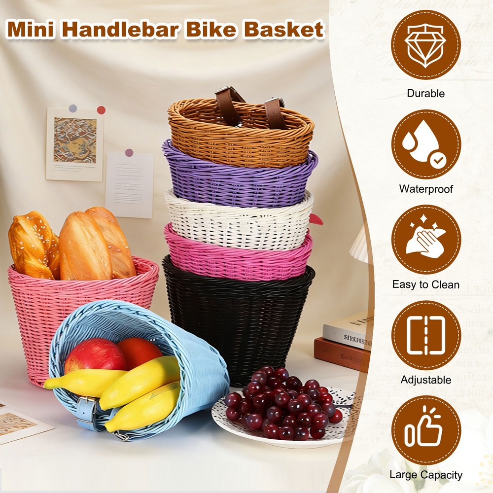 Handwoven Wicker Rainbow Bicycle Basket with Adjustable, Black