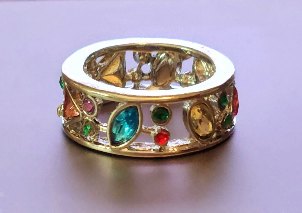MULTI-COLORED MULTI-STONE SILVER OPEN WORK RING CIGAR BAND SILVER TONE