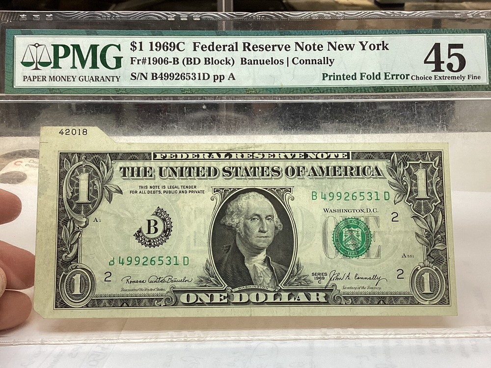 $1 1969C PMG 45 Printed Fold Error FR#1906-B