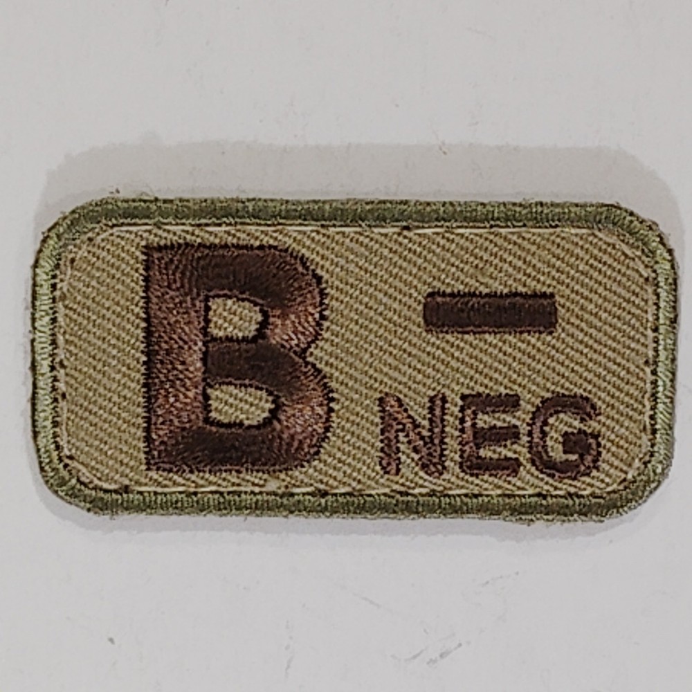 B- NEG Blood Type Patch – 2"W, Coyote, Hook & Loop Backing, Tactical ID Badge