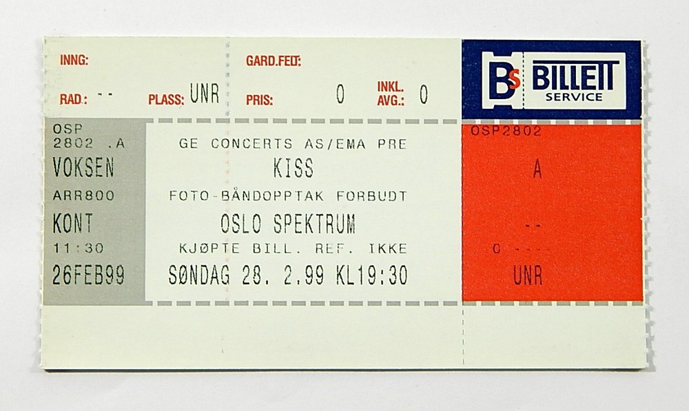 KISS 3-D Tour Ticket Stub Oslo Spektrum Oslo Norway 2/28/1999