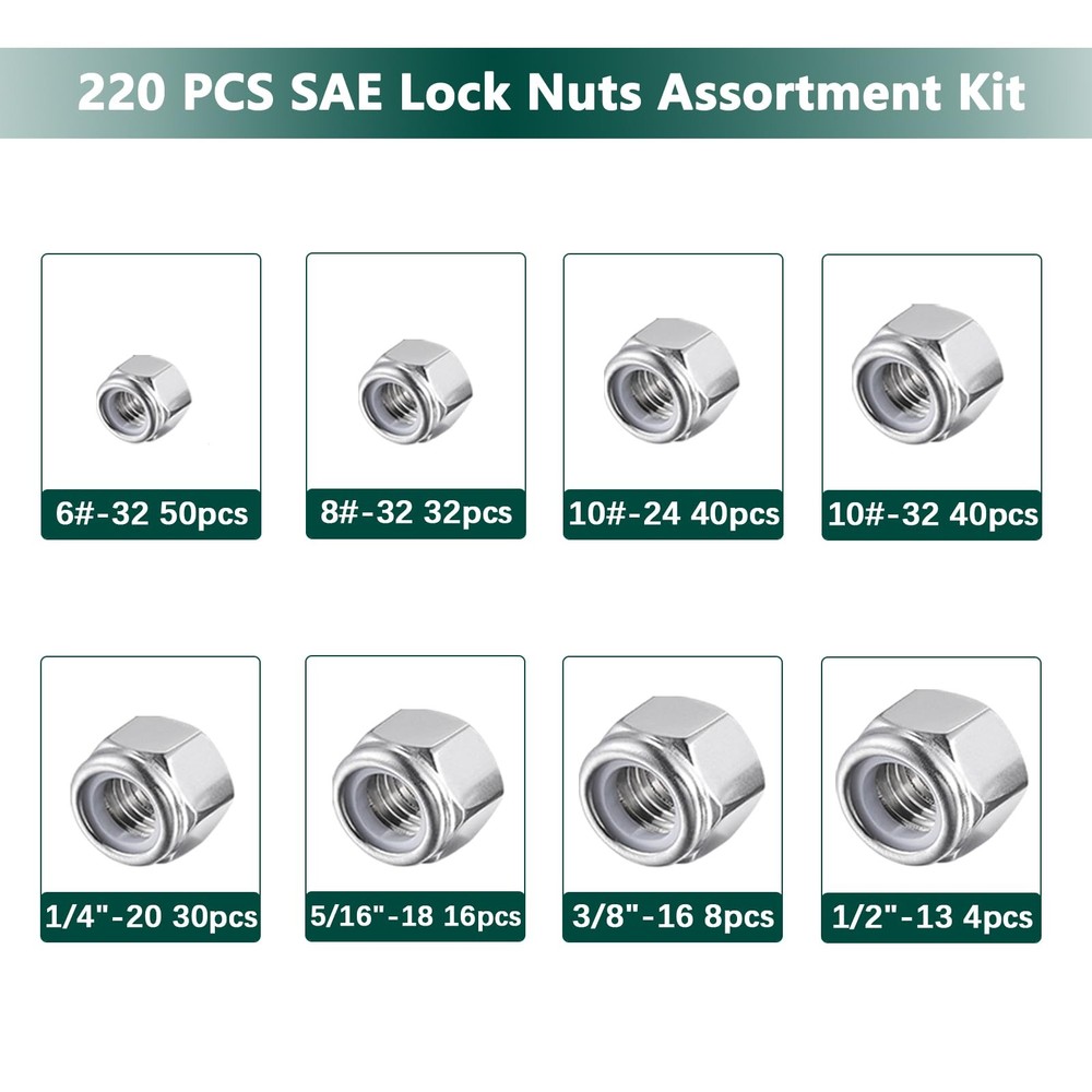 SAE Lock Nuts Assortment Kit, 220PCS Nylon Insert Nut Sets, 304 Stainless Ste...