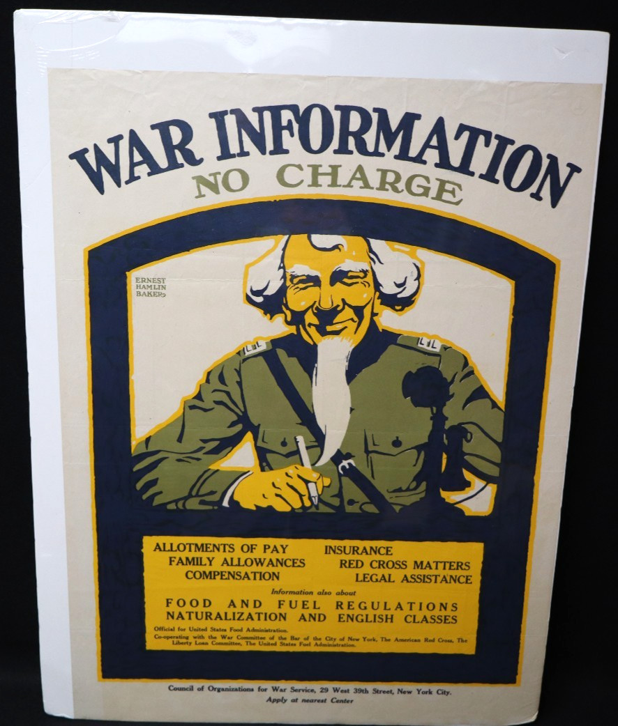 WWI US Homefront WAR INFORMATION No Charge Uncle Sam Poster 26 3/4 x 20 Inches