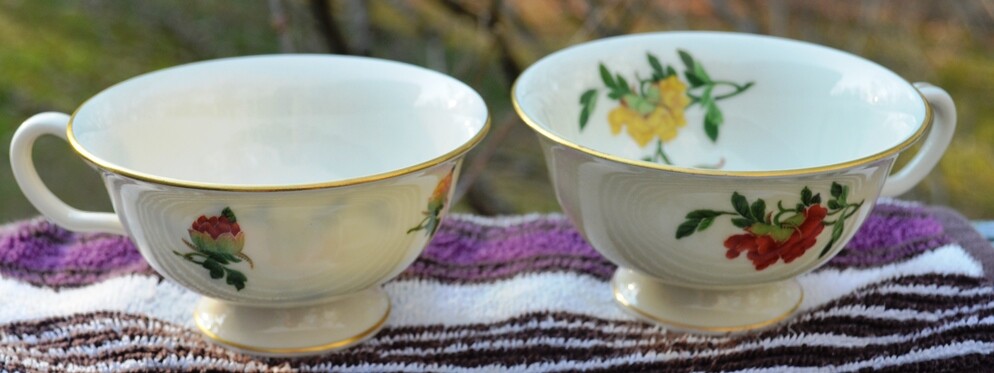 NEW PAIR OF CASTLETON COFFEE CUPS IN FRUIT PATTERN