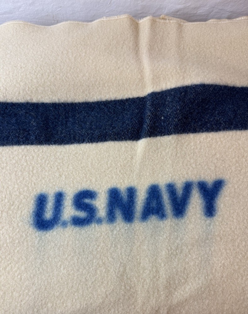 Vintage US Navy WW2 Wool Blanket, Cream. 76” X 60”
