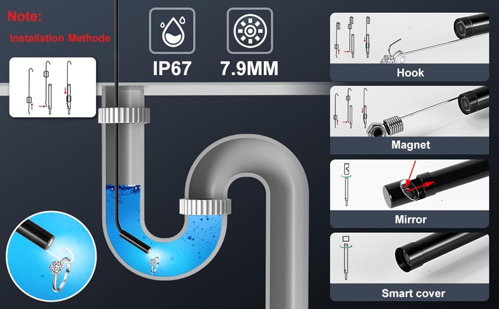 Endoscope Camera with Light, 1920P HD Borescope, 8 Adjustable LED black