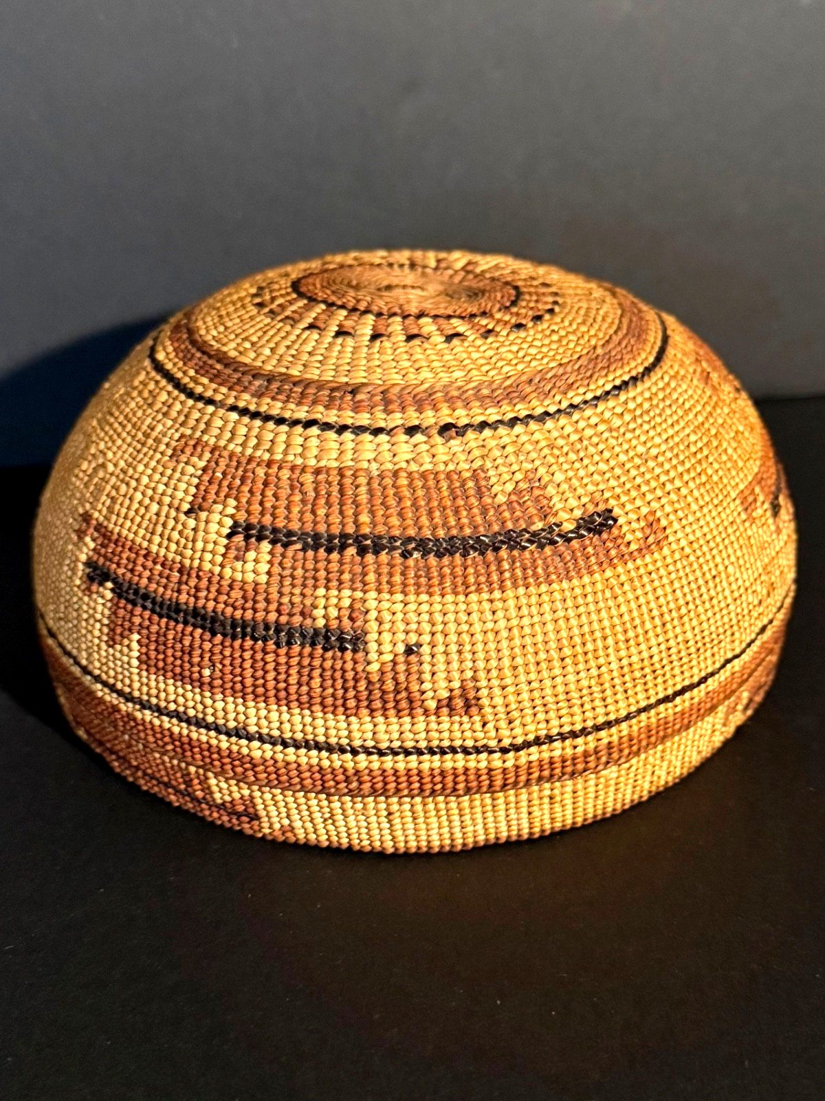 EXTRAORDINARY HUPA FANCY CAP BASKET, BEAR GRASS & FERN OVERLAY, C1890, EXCELLENT