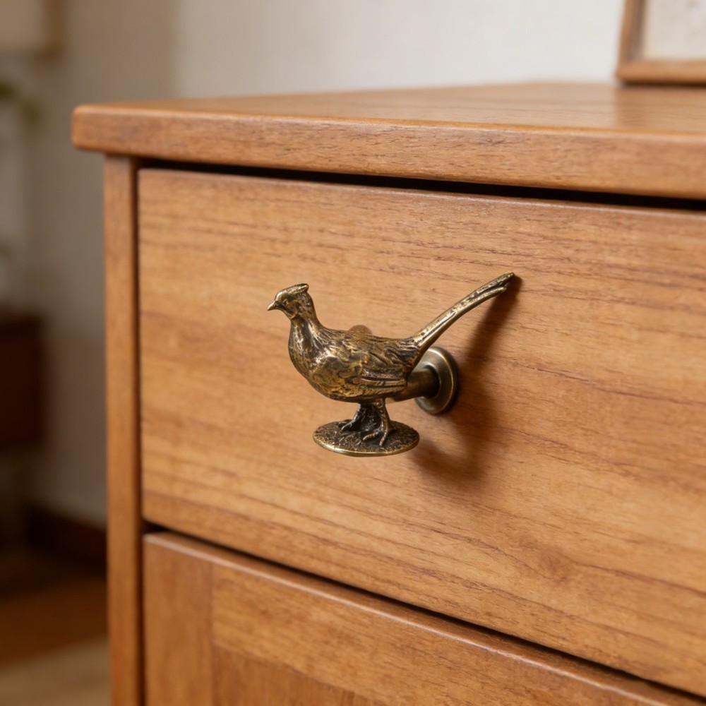 Antique Brass Bird Cabinet Knobs - Long Tailed Pheasant Drawer Pulls - Single