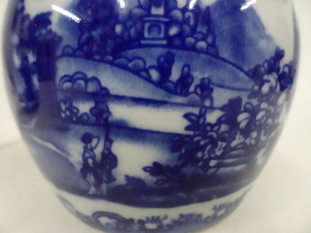 Pair Matching Ceramic Pitcher Creamers w Blue Castle Pattern