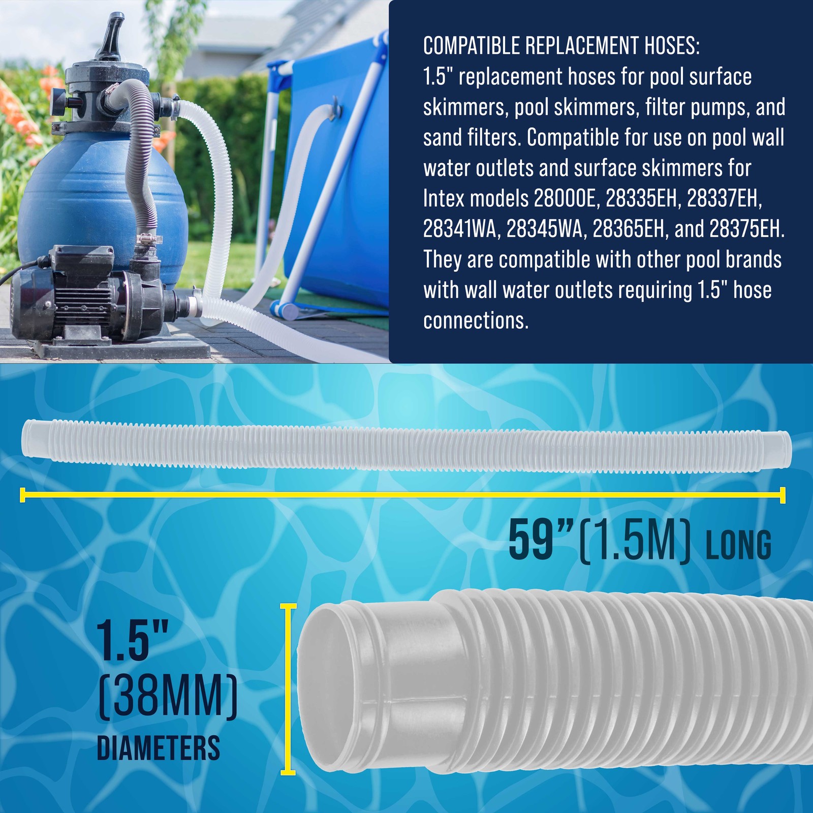 3 Pack of White Above Ground Pool Hose Replacement 1.5" Diameter x 59" Long