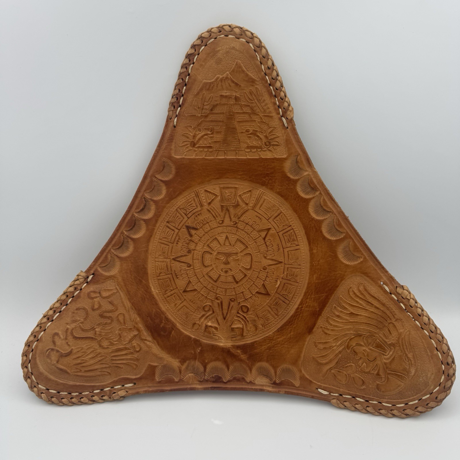 Vintage Hand Tooled Mexican Leather Aztec Calendar Tripod Saddle Stool Cover