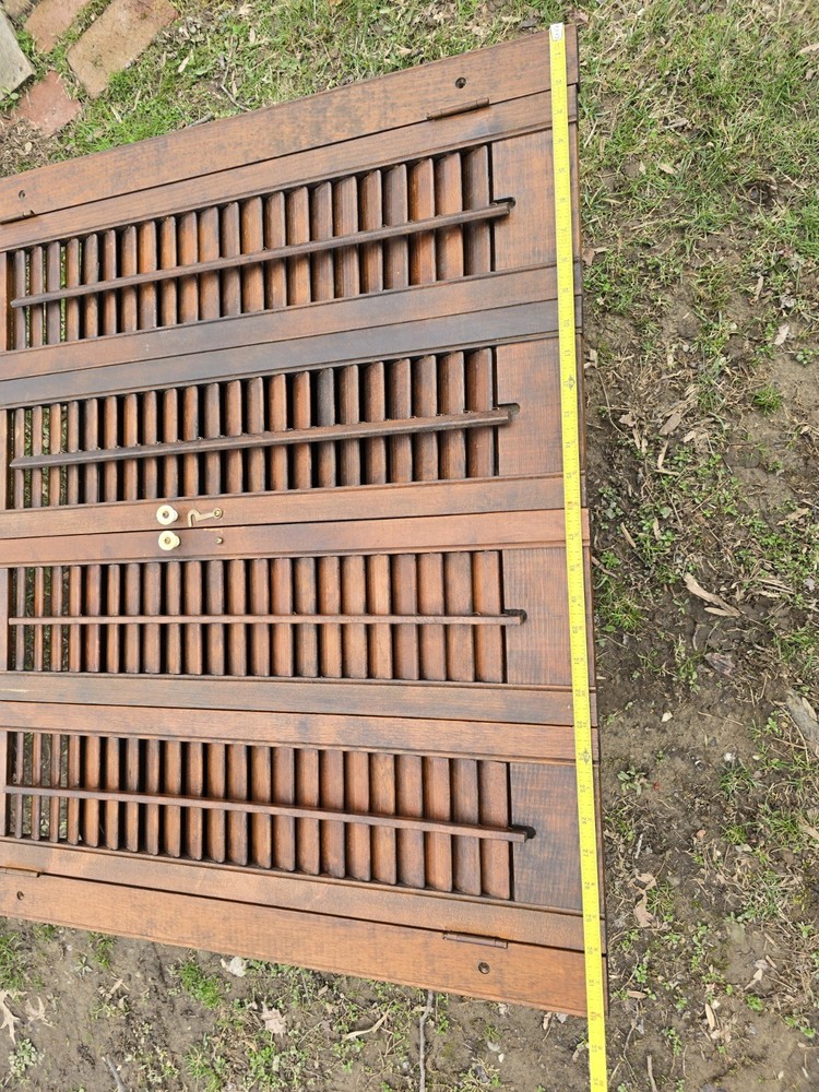 Vintage Wood Shutters Set Louvered Brass Hook White Knobs