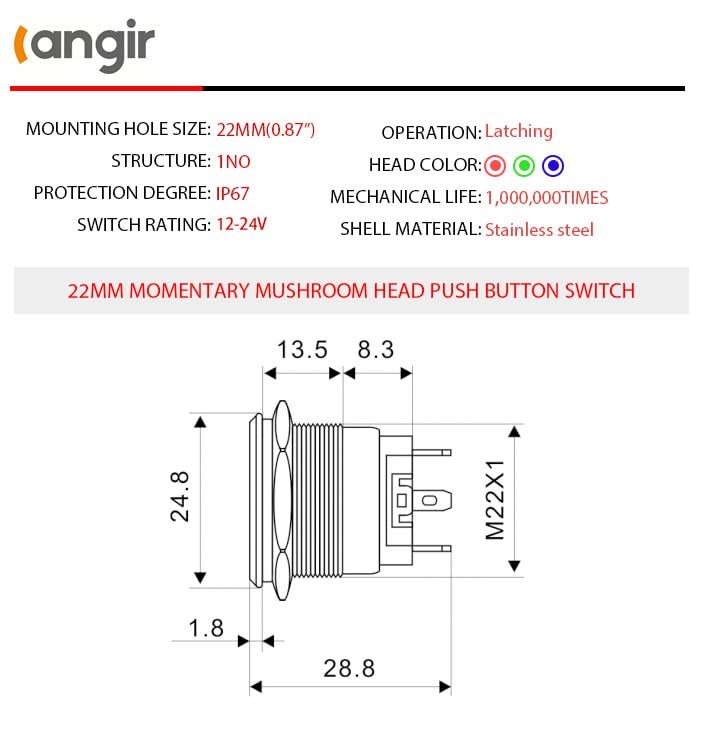 15Amp Push Button Switch，(0.866") 12V-24V Latching Push Button Switch 22mm Red