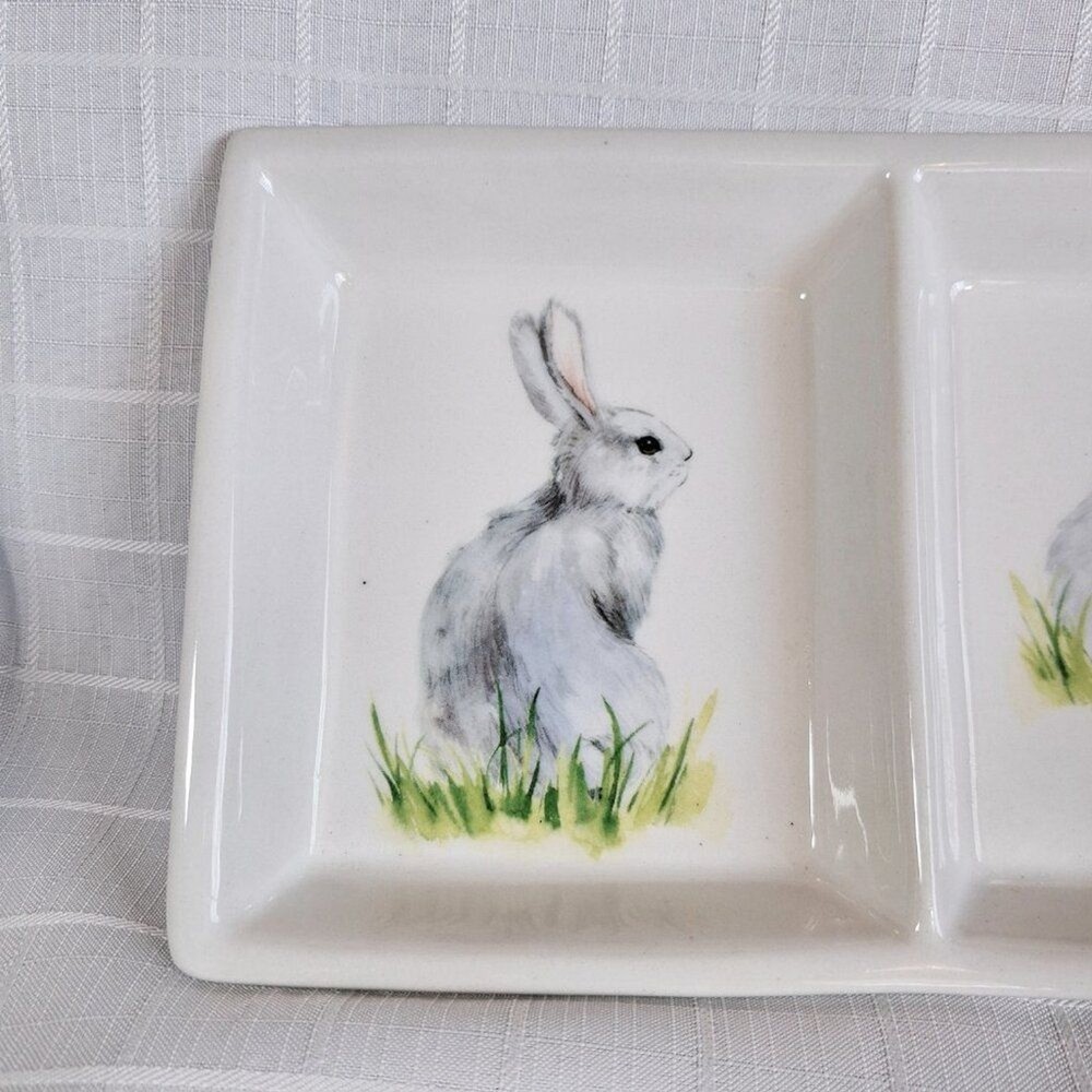 3 Compartment Ceramic Bunny Serving Dish Candy Appetizer 14.5" x 6"