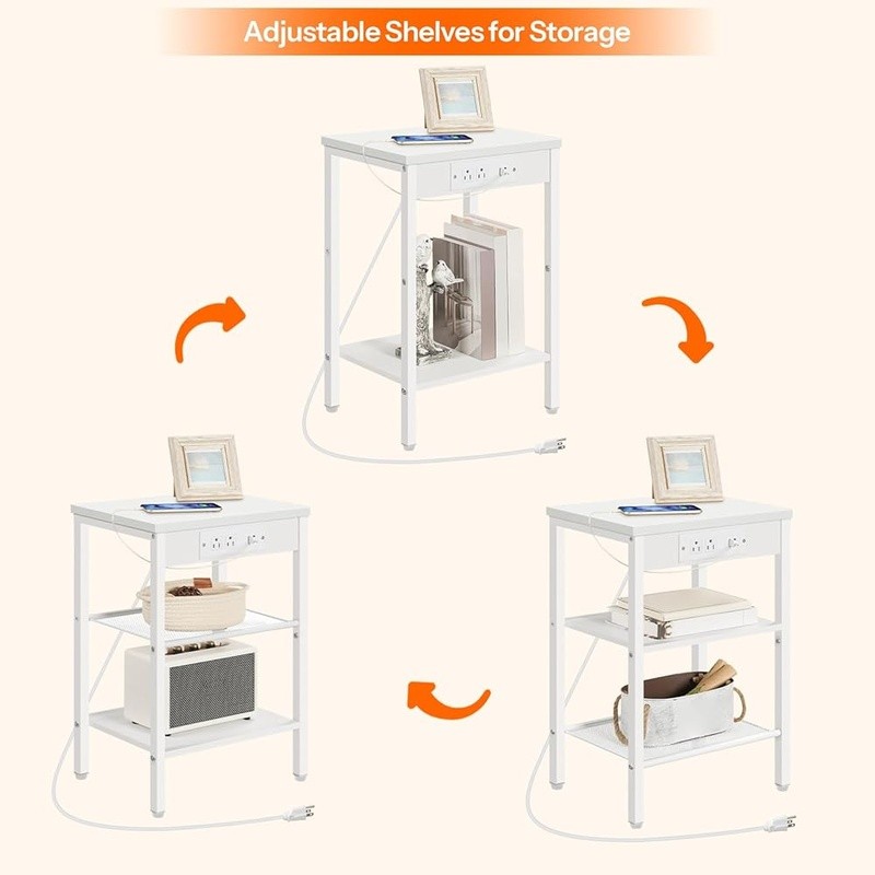 Multi-Functional Side Table W/ Outlets USB Adjustable Shelves Easy Assembly