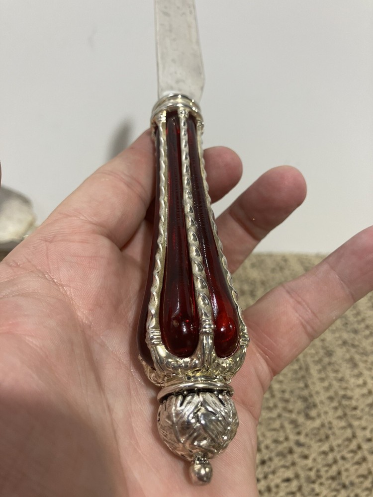 Silver Plated Dessert Set-Knife & Server w/Ruby Red Glass & Silver Accent Handle