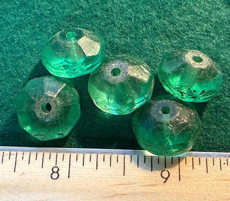 (5) Original Green Faceted Russian Glass Indian Trade Beads Fur Trade Era 1700's