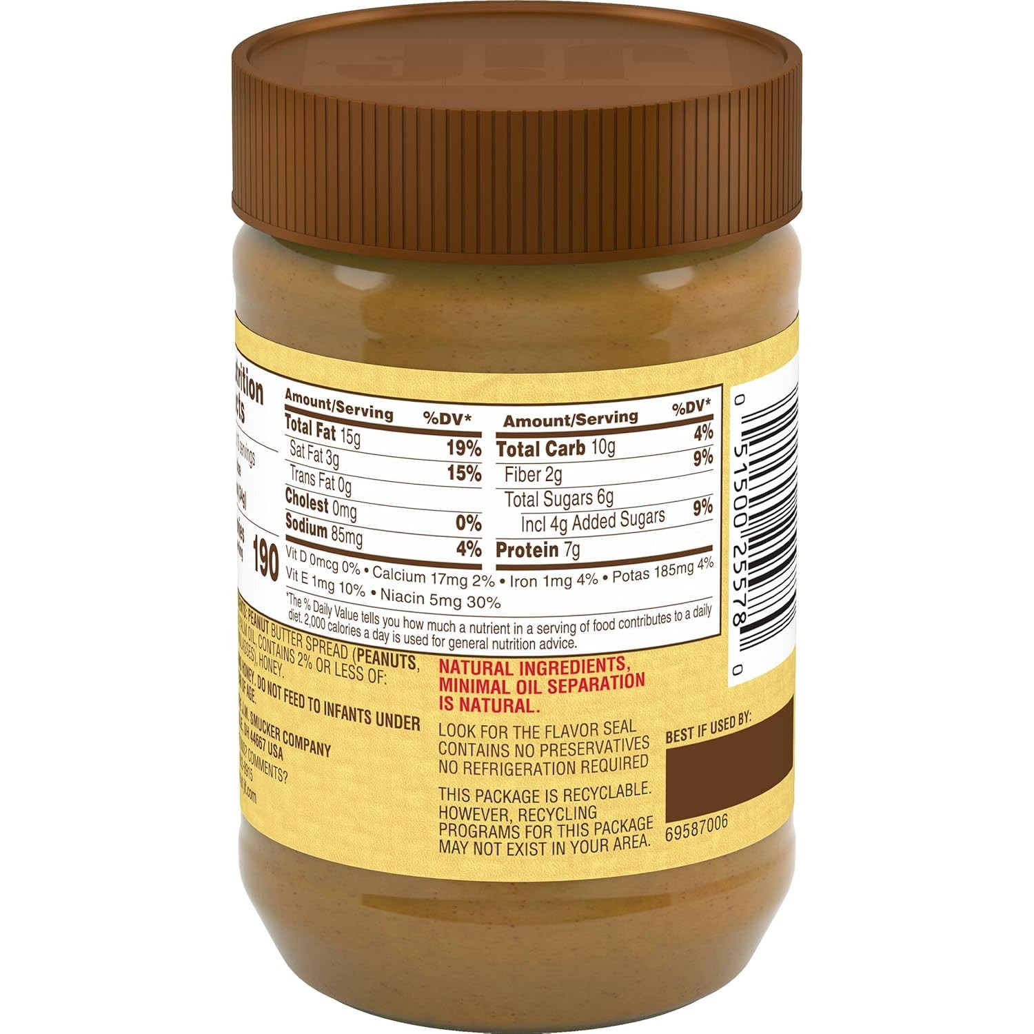 Jif Natural Creamy Peanut Butter Spread and Honey 16 Ounces Contains 80% Peanuts