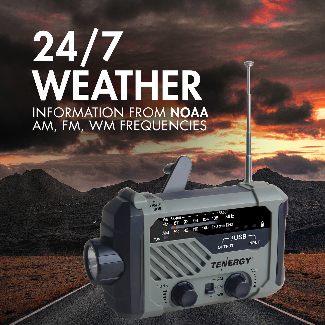 Tenergy Emergency Solar Hand Crank Weather Radio Power Bank Charger Flash Light