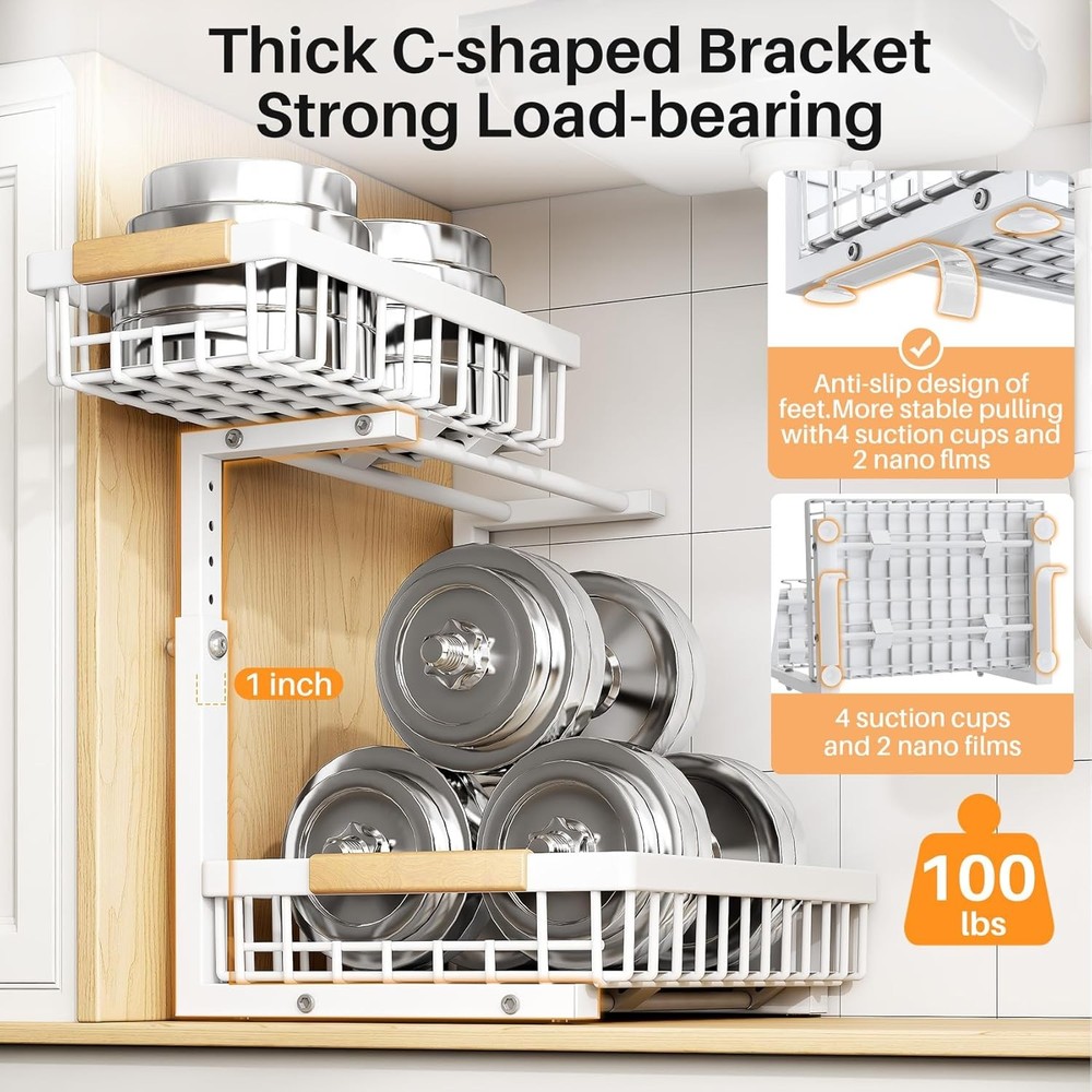 Under Sink Organizer Adjustable Height 2 Tier Pull Out Under Organizer Cabinet