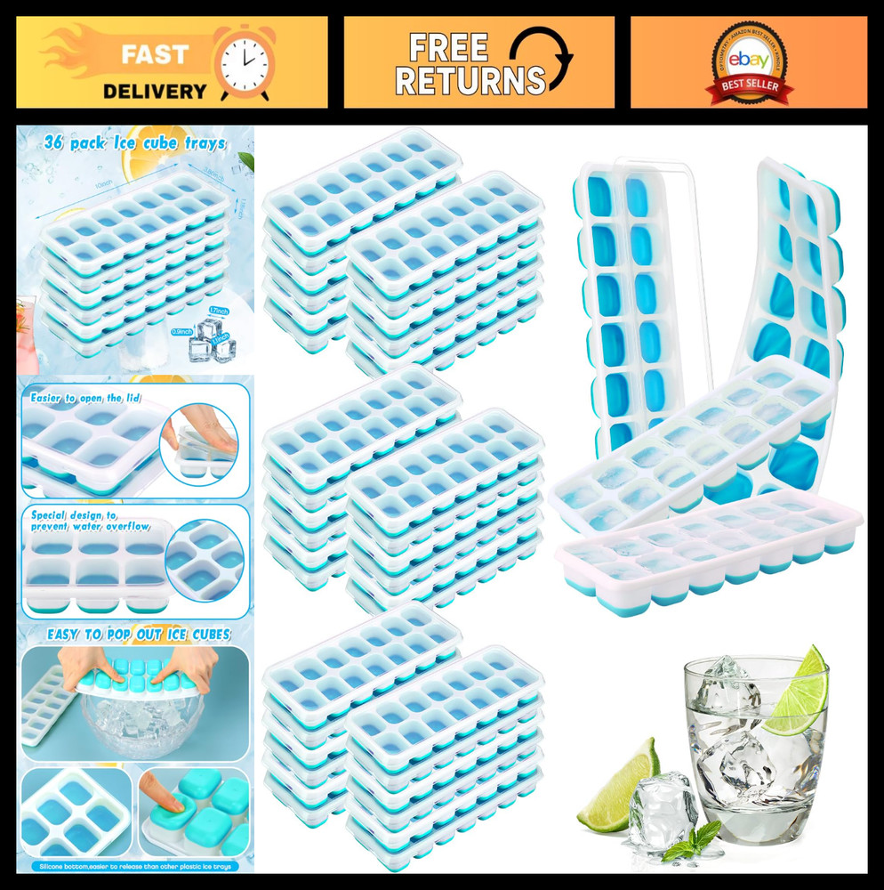 36 Pack Silicone Ice Cube Trays - Flexible Stackable Molds with Lid for Drinks &