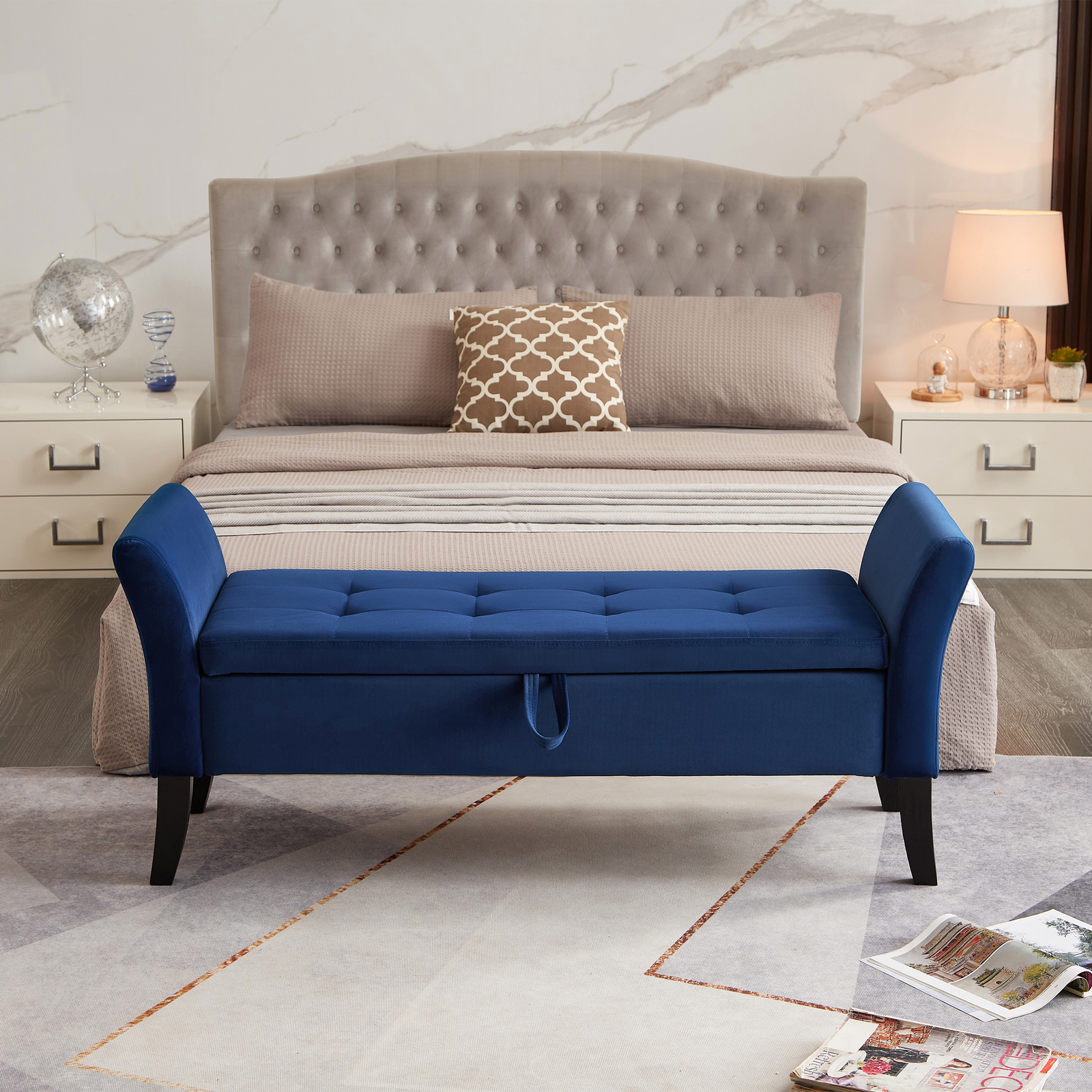 52" Storage Bench Upholstered Ottoman Bench with Arms Velvet Button-Tufted Bench
