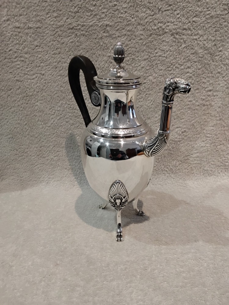 Magnifcent 1990 silver-plated tripod coffee pot Christofle Malmaison variant