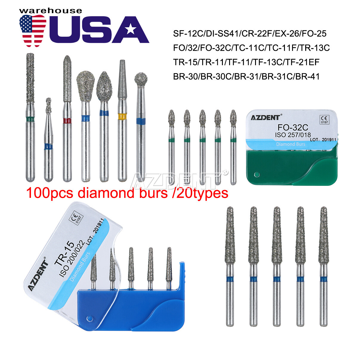 US 100pcs Dental Diamond Burs Kit for High Speed Handpiece Medium FG 1.6MM