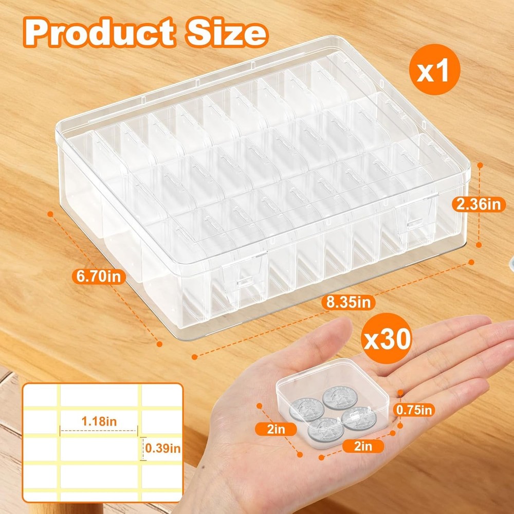 Bead Organizer Box, 30 Pcs Clear Plastic Storage Containers Features Hinged Lid