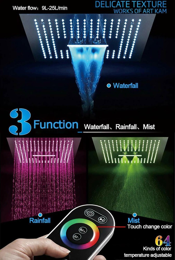 Luxurious Recessed Large LED Best Waterfall Rainfall Shower System