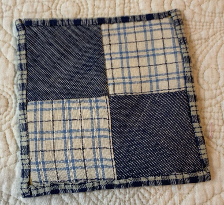 Antique Vintage Patchwork Quilt Table Topper, Small, Four Patch, Blue, White
