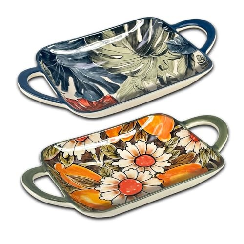 Ceramic Small Baking Dishes Set of 2 Rectangular Casserole Dish with Handles