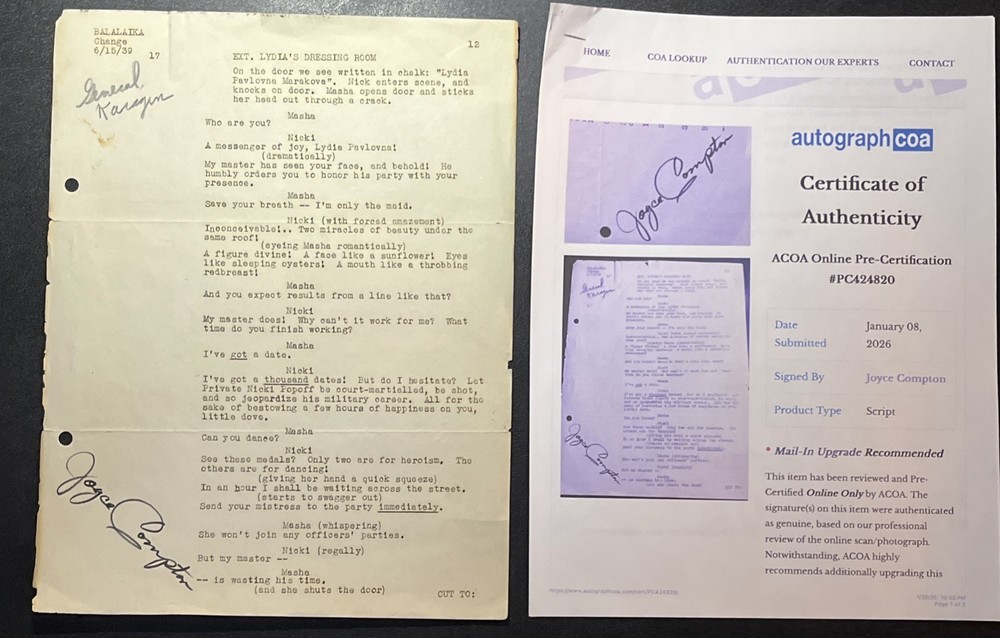 Balalaika (1939) Original Script Page Signed by Joyce Compton – MGM