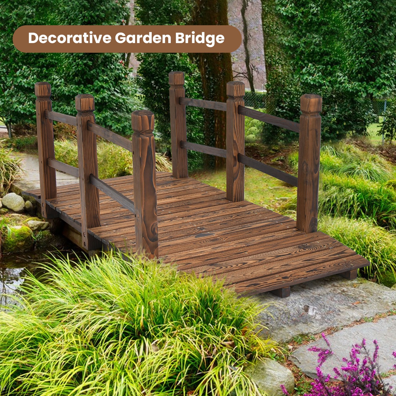Wooden 5 FT Garden Bridge Decorative Stained Finish Footbridge w/Safety Rails
