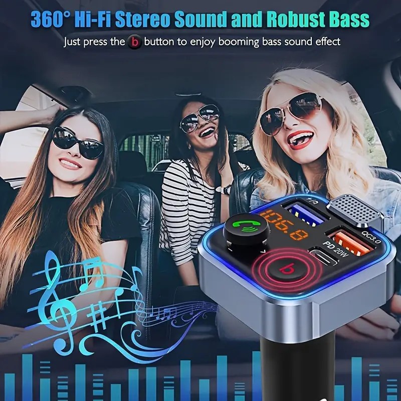 Bluetooth 5.0 Car Wireless FM Transmitter Adapter USB PD Charger AUX Hands-Free
