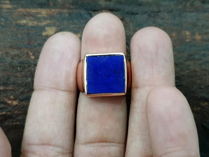 Lapis Lazuli Ring Gold Plated Square Signet Statement Ring Handmade