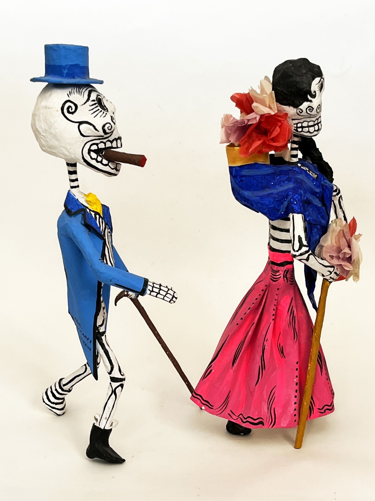 2 1970s SIGNED LINARES MEXICAN CARTONERIA PAPER MACHE SKELETON CATRINA SCULPTURE