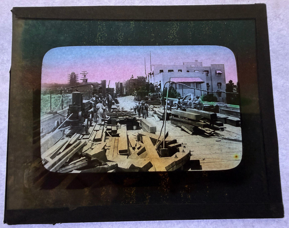 MAGIC LANTERN SLIDE COLORED BRIDGE CONSTRUCTION WORKERS CALIF? 1910'S
