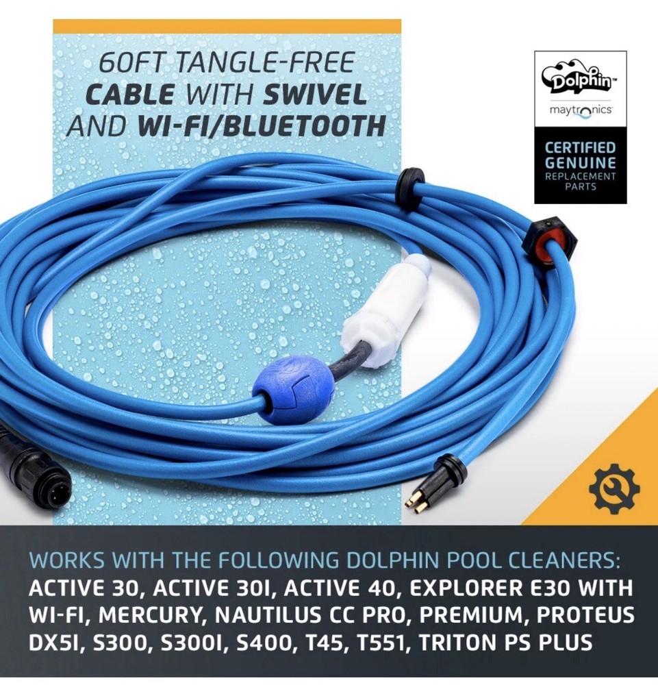 Authentic Dolphin Replacement Cable w/ Swivel 3 Wire 60ft, Maytronics READ NEW
