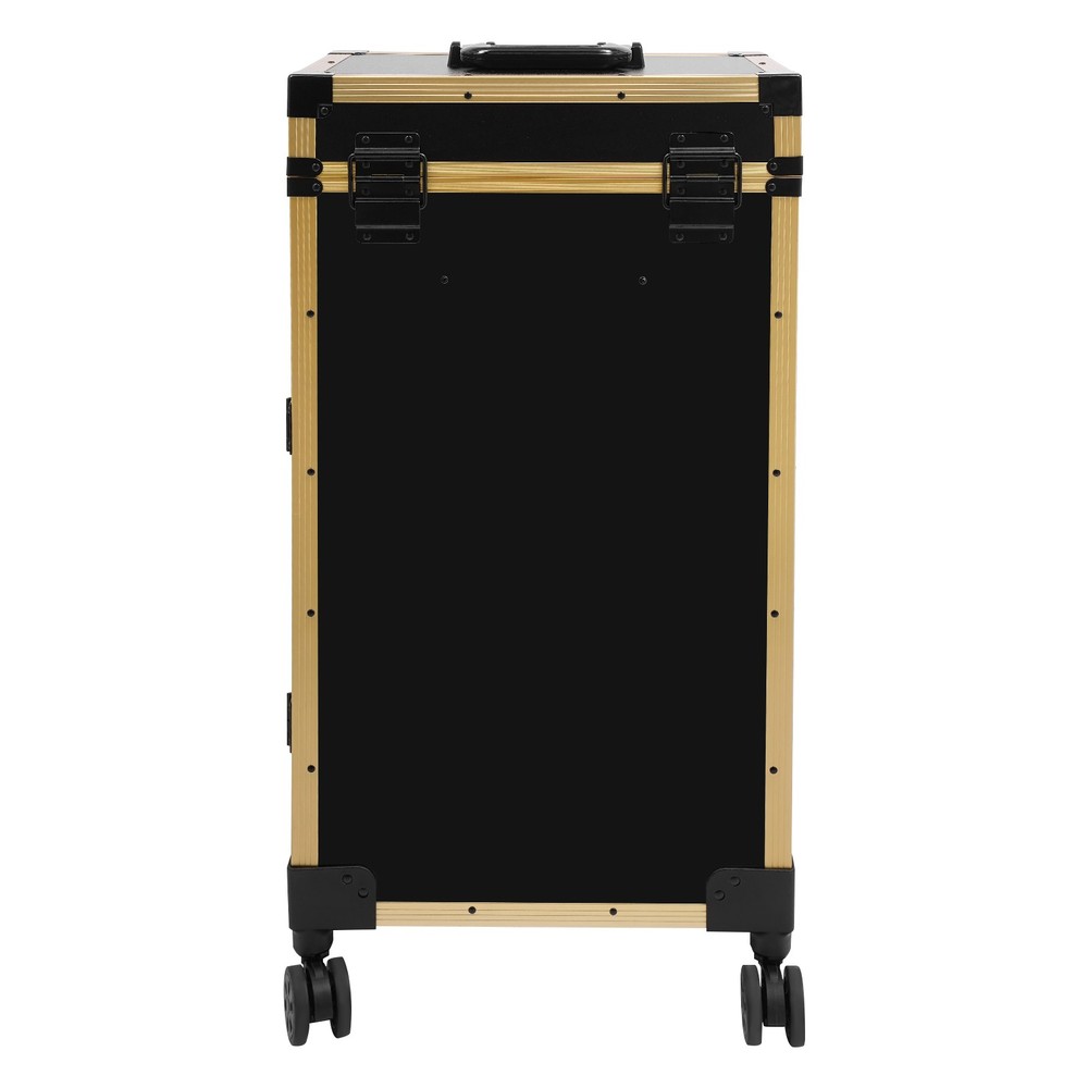 Rolling Makeup Case with Mirror Light Bluetooth Speaker Black Gold Trim Lockable